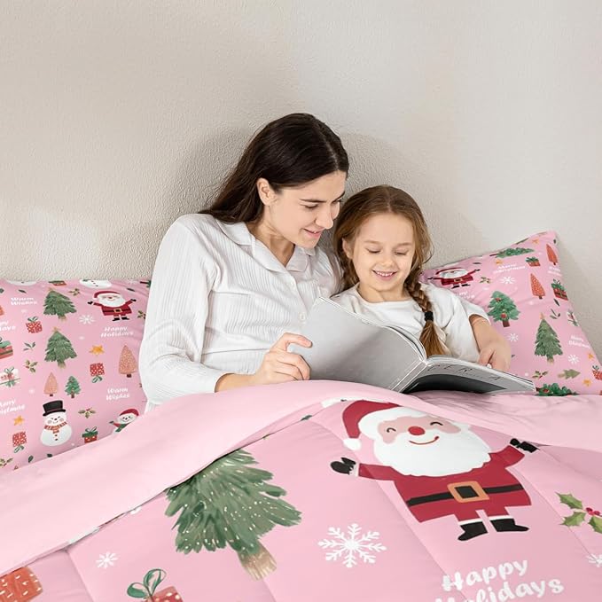 Feelyou Pink Christmas Comforter Set Toddler Size Snowman Bedding Set for Kids Boys Girls Xmas Tree Duvet Quilt Bedroom Decor Microfiber 2 Pcs with 1 Pillow Cases