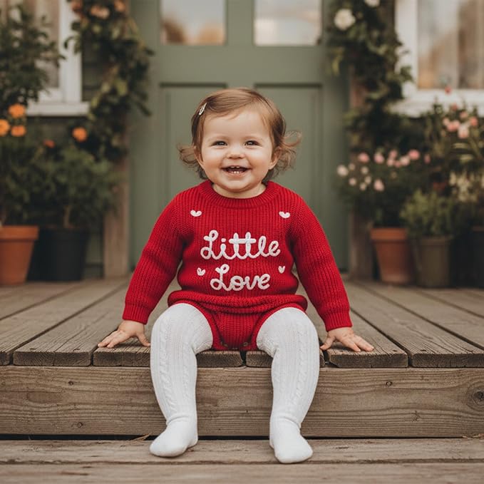 Lesimsam Newborn Baby Boy Girl Valentines Day Outfit Oversized Embroidery Long Sleeve Knit Sweater Bubble Romper Bodysuit