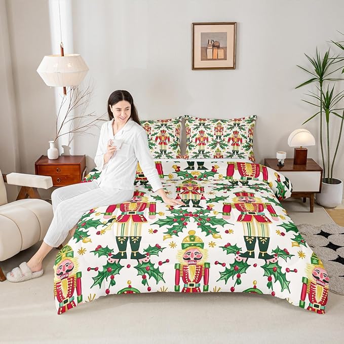 Feelyou Merry Christmas Bedding Set Soft for Boys Girls, Nutcracker Comforter Set Twin Size Holly Leaves Duvet Quilt Microfiber Red Berries Bedroom Decor 2 Pcs with 1 Pillow Cases