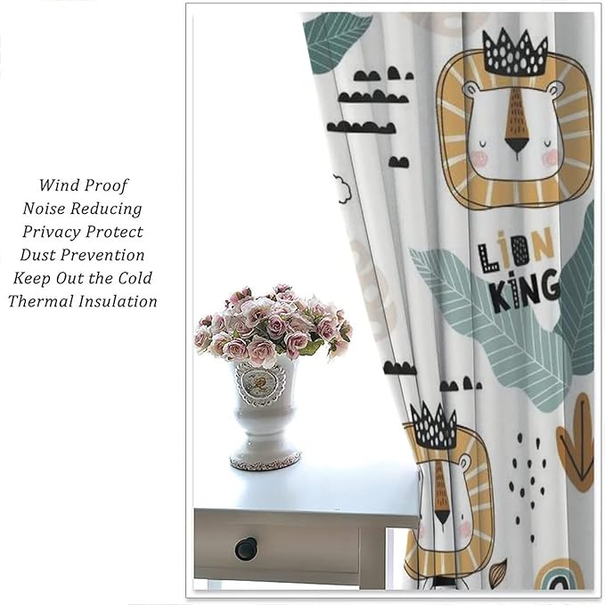 Cartoon Little Lion King Window Curtains for Baby Child,Cute Funny Forest Animals,Tropical Jungle Leaves Wildlife Boho Rainbow Print Blackout Drapes for Nursery Boys Girls Kids Bedroom 42x63in