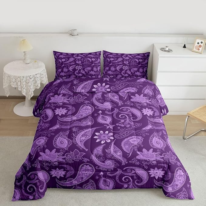 Feelyou Vintage Purple Floral Bedding Set Twin Size, Paisley Floral Comforter Set Boho Floral Comforter for Kids Toddler Paisley Duvet Set Microfiber Bed Set