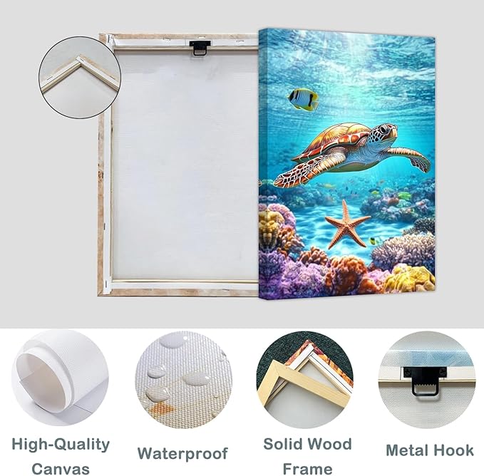 AWPANERAR Sea Turtle Wall Art Bathroom Pictures Watercolor Sea Life Canvas Prints Ocean Animal Poster Nautical Theme Artwork for Kids Room Nursery Decor Framed (Green, (18L x 12W))