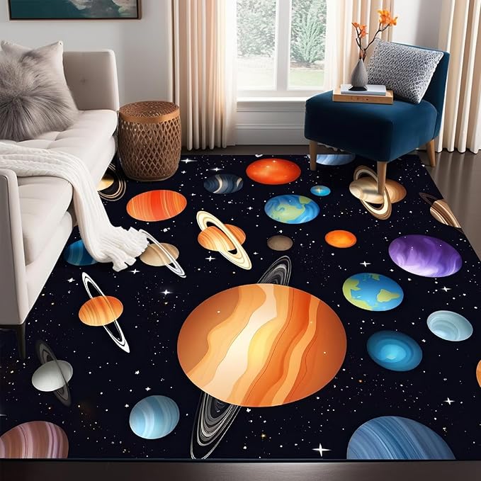 Space Rug for Boys Room Rugs Cartoon Planet Carpet Galaxy Stars Printed Throw Rugs for Kids Teens Doormat Bedroom Living Room,31 in X 47 in