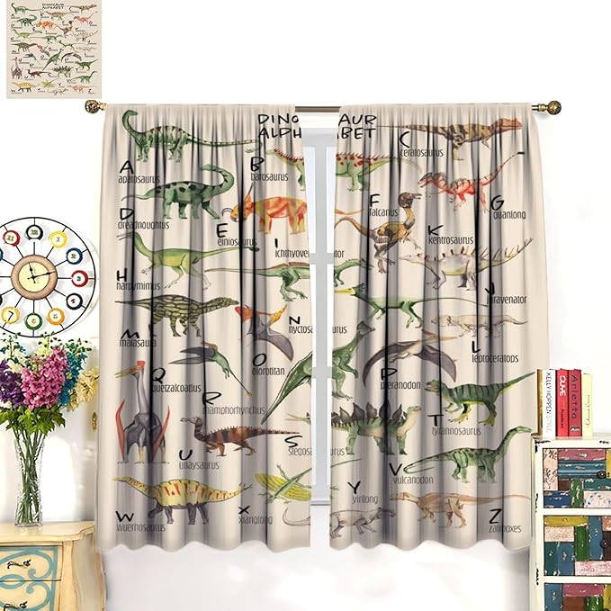 Dinosaur Curtains Cartoon Dino ABC Alphabet Pattern Educational Learning Theme Curtain with Rod Pocket for Kids Nursery Playroom Bedroom Drapes Window Treatments 2 Panels Set 55" W X 63" L