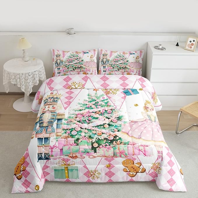 jejeloiu Christmas Nutcracker Comforter Set King Size Gingerbread Man Bedding Set for Kids Boys Girls Xmas Tree Duvet Quilt White Pink Bedroom Decor