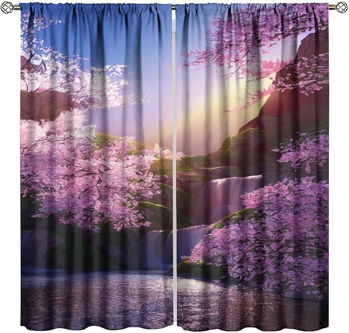Landscape Waterfall Blackout Curtains, Watercolor Blossom Cherry Flower Forest Pattern Rod Pocket Window Drapes, for Bedroom Living Room 52" W X 84" L