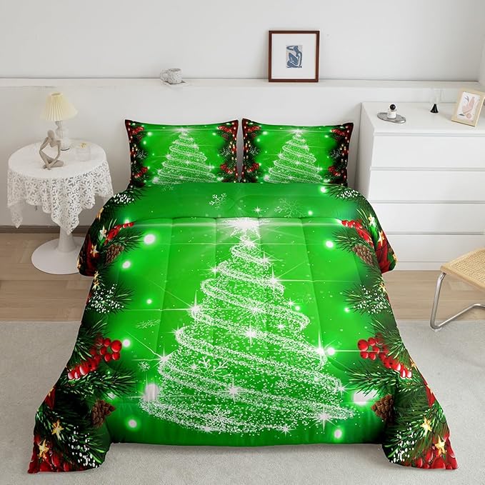 Feelyou Kids Merry Christmas Decorations Comforter Set, Kids Santa Tree Bedding Set Full Size for Boys Girls Teens Xmas Christmas Bell Decor Comforter Glitter Green Quilt Set