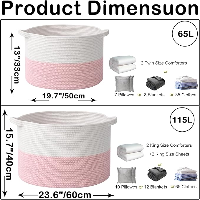 Large Blanket Basket for Organizing,65L Closet Organizers and Storage Bins Box for Shelves Woven Rope Storage Baskets,Living Room,Bedroom,Dorm,Laundry room (White&Pink)