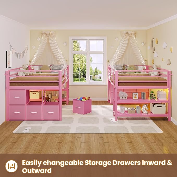 BTHFST Low Loft Bed Twin Size with 6 Storage Drawers, LED Lights, 2 Tier Storage Shelves, Kids Metal Loft Bed with 15" H Stairs & Safety Guardrail, Spave Saving, Pink