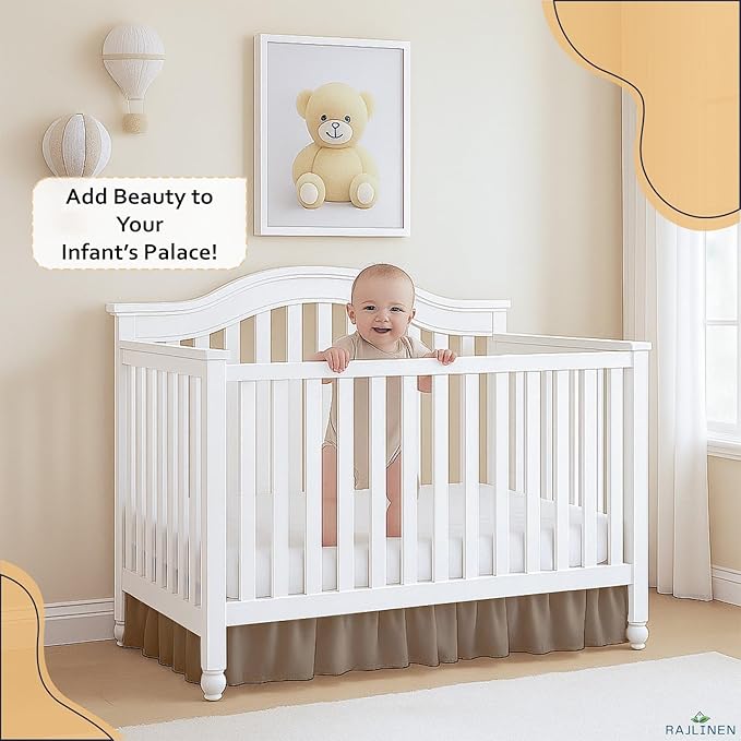 Rajlinen Ruffled Crib Bed Skirt, Microfiber, Dust Ruffle with Split Corners, 14" Drop, Nursery Toddler Bedding for Baby Boys or Girls, Taupe