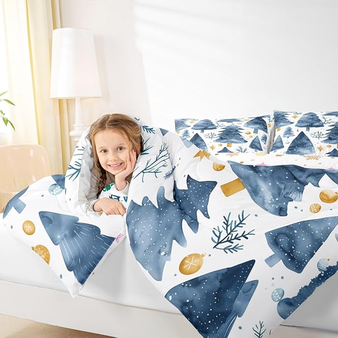 Feelyou Christmas Comforter Set All Season Xmas Tree Bedding Set with 2 Pillow Cases Watercolor Blue Microfiber Kids Full Bedclothes Snowflake Bedroom Decor Duvet Quilt Breathable Soft Lightweight
