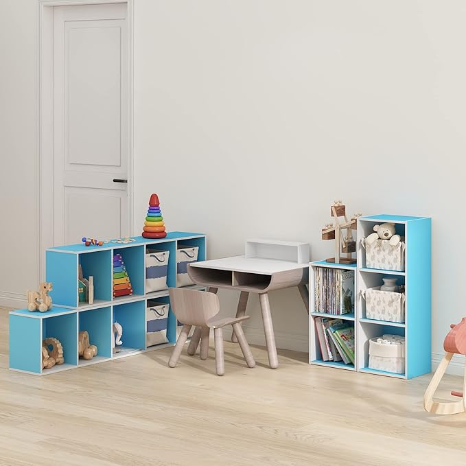 Furinno PASIR Book Shelf, 4-Tier Modern Bookshelf, Open Shelves Bookcase 9 x 12 x 42, for Living Room, Bedroom, Home Office, Light Blue/White