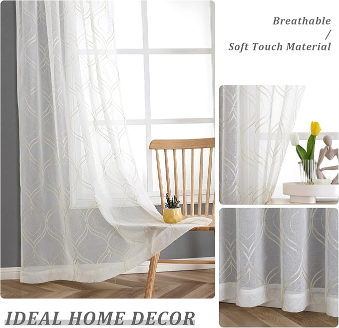 VISIONTEX White Sheer Curtains 84 Inches Long 2 Panels Set Beige Moroccan Embroidered Curtains Trellis French Textured Rod Pocket Voile Tulle Semi Window Drapes for Bedroom Living Room 54 x 84 Inches