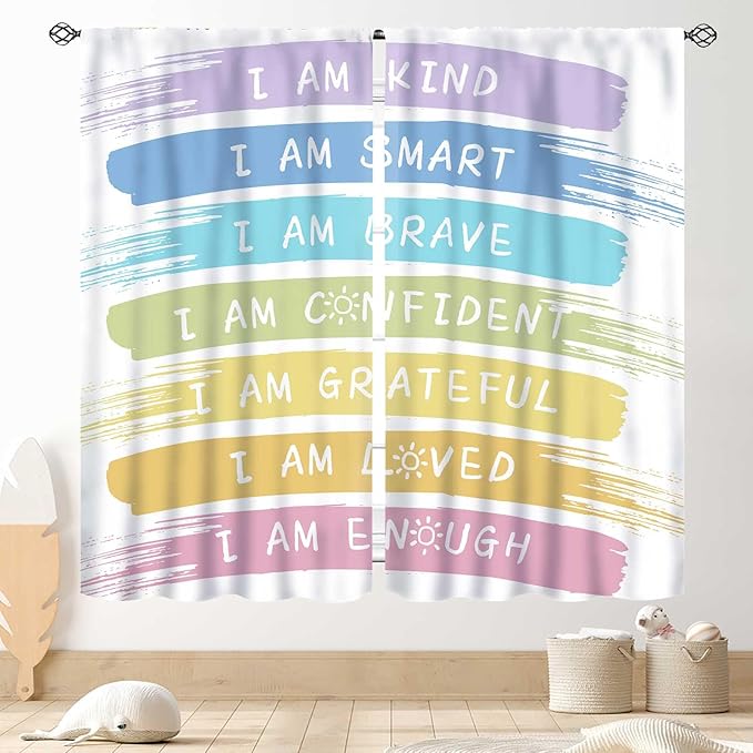 Rainbow Curtains for Classroom, Kids Girls Baby Boho Cute Inspirational Motivational Quotes Cartoon Colorful Pastel Nursery Classroom Bedroom Living Room Bathroom Window Drapes 2 Panels, 42"x54" Inch