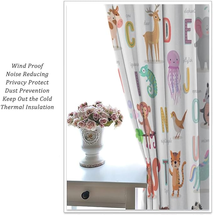 Kids Alphabet Curtains Cute Cartoon Animal Funny Educational Learning Curtain with Rod Pocket for Nursery Bedroom Playroom Home Decor Drapes Window Treatments 2 Panels Set 72" W X 63" L