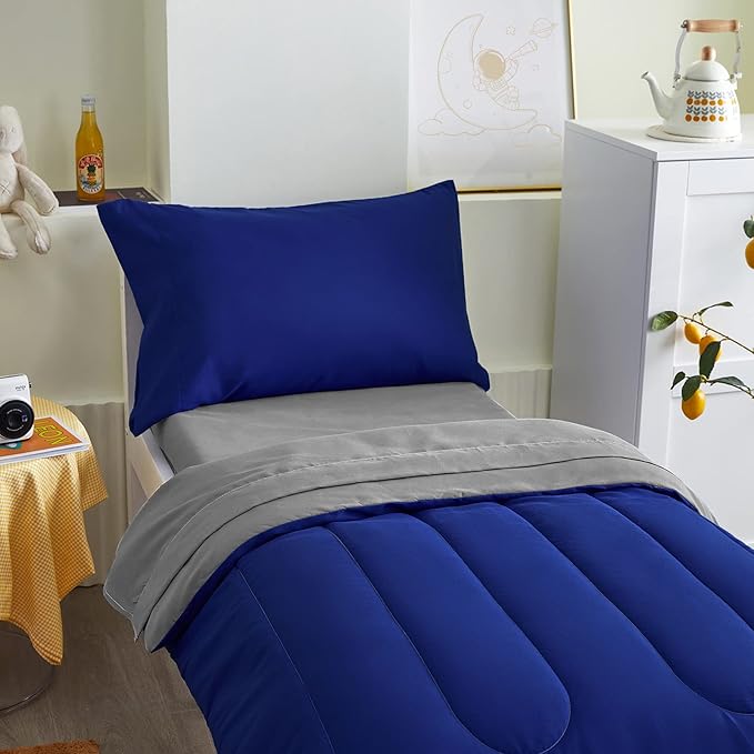 4 Pieces Toddler Bedding Set Ultra Soft and Breathable Toddler Comforter Sheet Set for Autumu and Winter- Includes Warm Comforter, Flat Sheet, Fitted Sheet and Pillowcase - Royal Blue & Gray