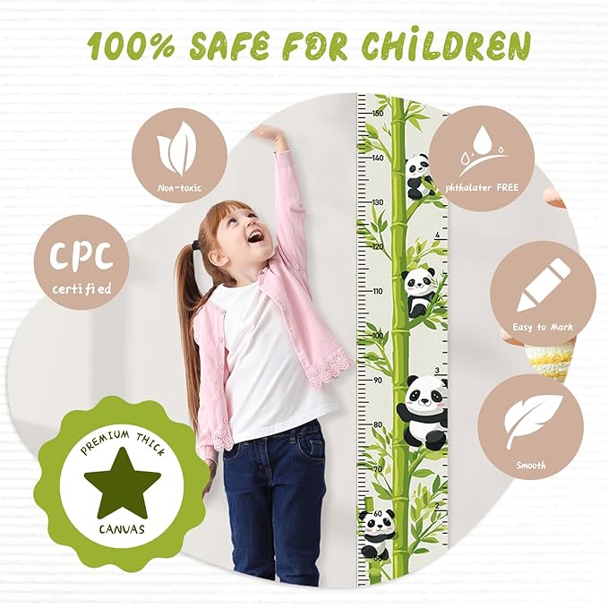 Personalized Name Height Chart for Kids, Kids Growth Chart for Wall, 59" X 7.9" Canvas Removable Height Chart Measuring Ruler for Kids & Baby(Painted Bamboo and Panda）