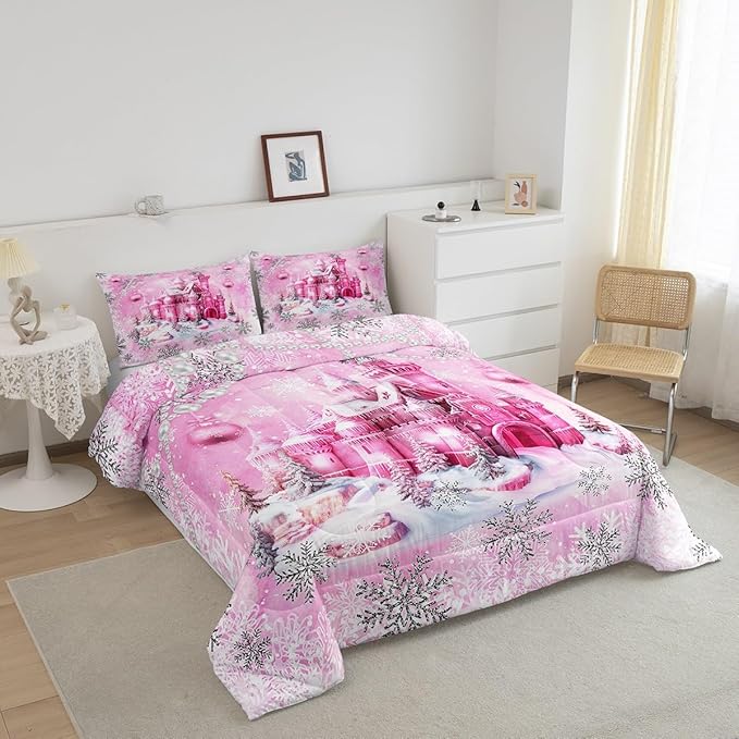 Pink Castle Full Size Comforter Set,Cartoon Fairy Tale Theme Watercolor Bedding Comforters Bedroom Collection,Christmas Winter Silver Snowflakes Bedding Set for Girls Teens
