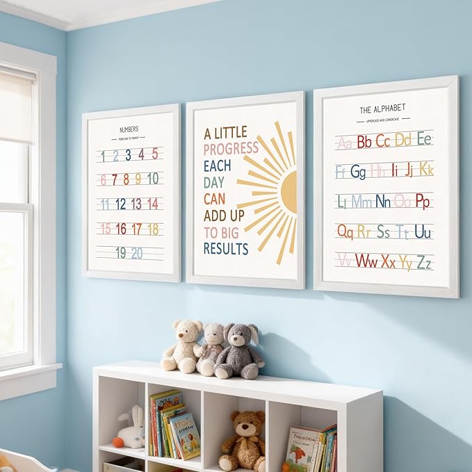 3 PCS Alphabet Numbers Framed Playroom Wall Decor,Classroom Must Haves,A Little Progress Each Day Boho Educational ABC Poster Wooden Sign for Baby Girl Kid Boy Toddlers,Neutral Preschool English Letters Nursery Decor for Homeschool Kindergarten Kids Le...