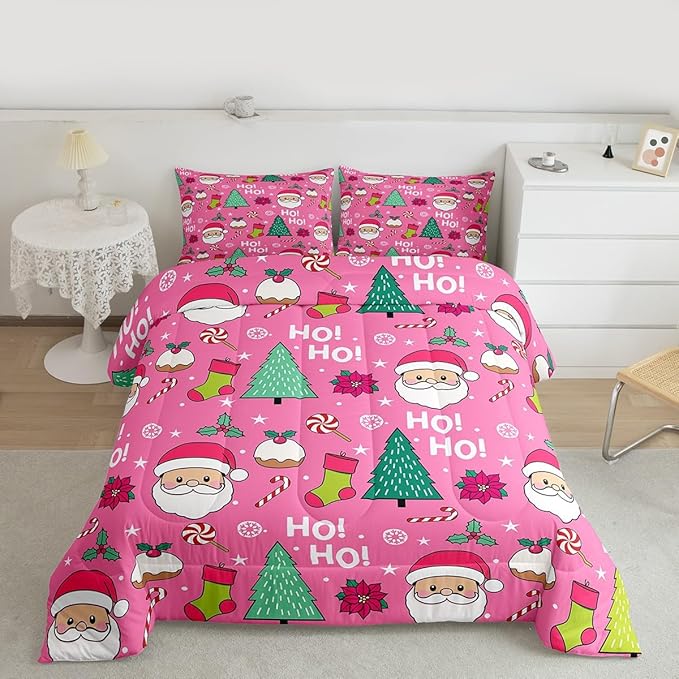 Feelyou Pink Merry Christmas Comforter Set All Season Santa Claus Bedding Set with 2 Pillow Cases Xmas Microfiber Kids Queen Bedclothes Happy New Year Bedroom Decor Duvet Quilt Soft Lightweight