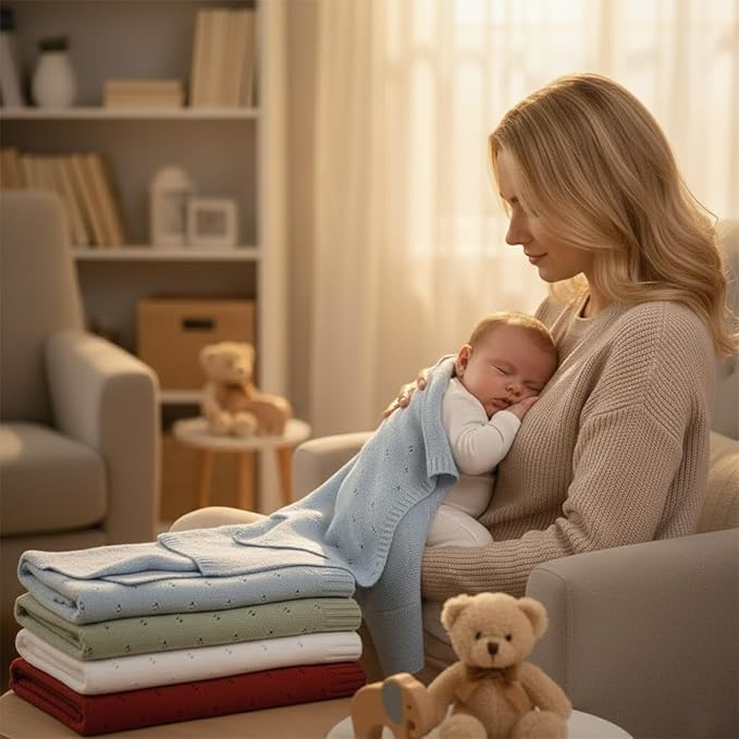 Baby Knit Blanket, 100% Cotton Eyelet Patterns, Soft, Cozy, Lightweight Swaddle for Newborn & Infant Swaddling Beige Neutral, Perfect Baby Shower Ideas Sage Green 30x40