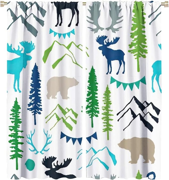 Forest Woodland Curtains, Wild Nature Bear Moose Deer Pine Trees Mountain Cabin Lodge Blackout Rod Pocket Windows Door Curtain for Bedroom Living Room Home Decor 42x45in