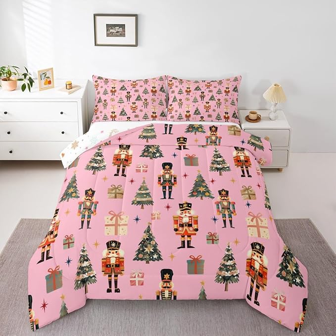 jejeloiu Xmas Nutcracker Comforter Set Queen Size Christmas Pink Bedding Set for Kids Boys Girls Cute Snowflakes Duvet Quilt Bedroom Decor