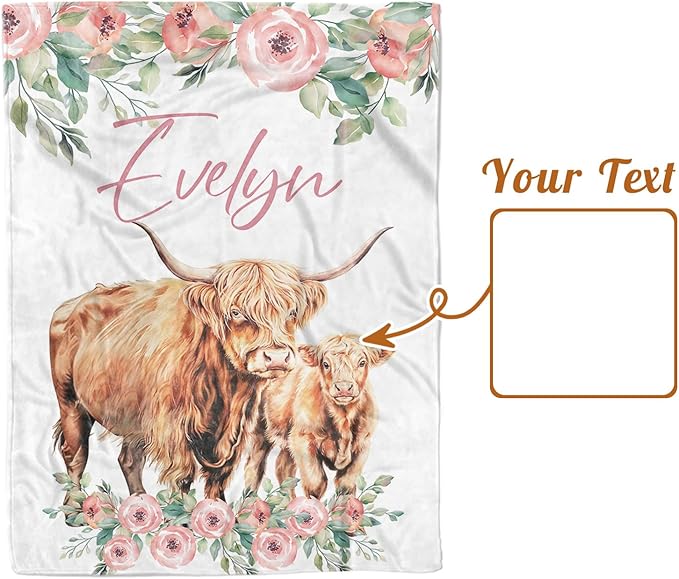 Personalized Baby Blanket for Boys, Custom Name Blanket for Girl Newborn Mom, Soft Flannel with Double Layer Dotted Backing, Gifts for Baby Shower Christmas Birthday, Highland Cow(47" x60)