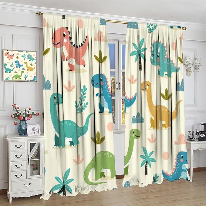 Fun Dino Curtains, Cute Colorful Dinosaur Pattern Blackout Window Treatments, Rod Pocket Thermal Insulated Drapes 2 Panel Sets for Children Boys Bedroom Nursery Classroom, 63" W X 63" L