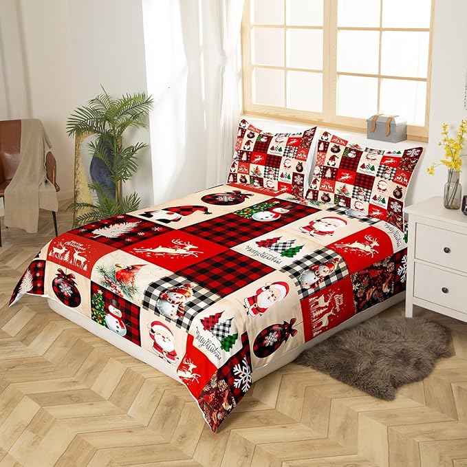 Manfei Christmas Duvet Cover Set Full Size, Deer Tree Snowman Santa Claus Print Comforter Cover with 2 Pillowcases, Plaid Grid Print Bedding Set 3pcs for Kids Boys Girls Bedroom Decor,No Comforter
