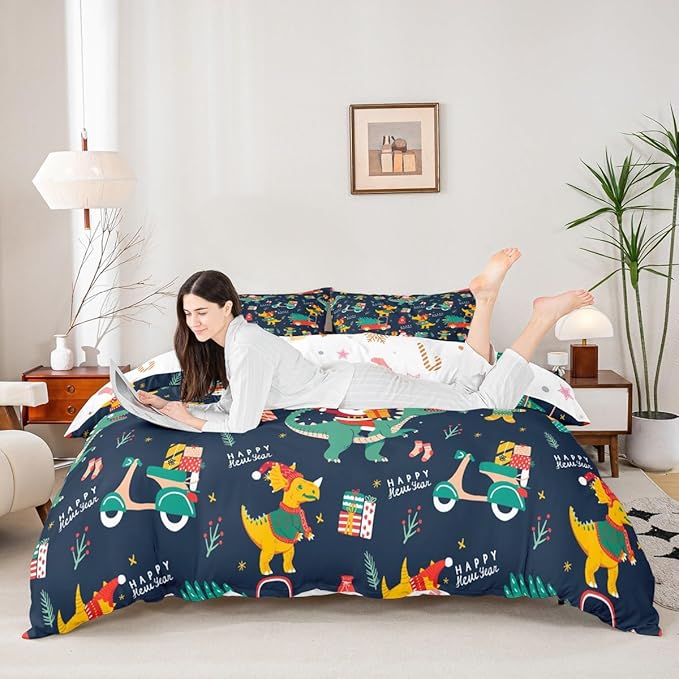 Christmas Bedding Set Cartoon Santa Claus Christmas Tree Comforter Cover for Kids Teens Cute Dino Race Cars Duvet Cover Breathable Gingerbread Man Bedspread Cover Room Decor Quilt Cover Twin Size