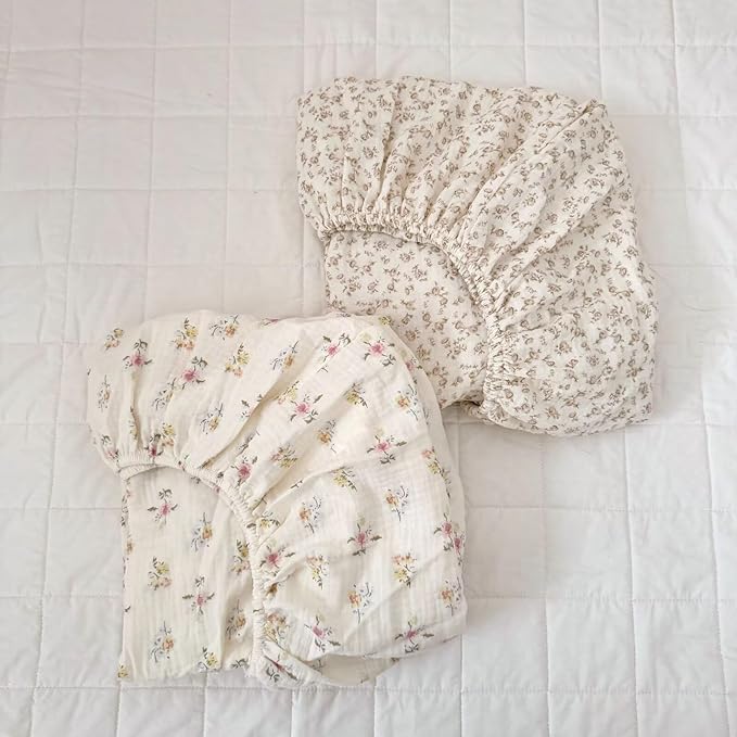 BuLuTu Muslin Floral Print Crib Sheets 2 Pack, Soft Breathable 100% Cotton Neutral Fitted Sheets Set for Standard Crib Mattress & Toddler Mattress 52"x28", Camellia & Azalea