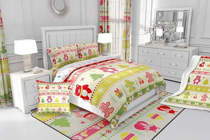 Erosebridal Merry Christmas Comforter Set Kids Twin Size Xmas Tree Decor Quilts Snowflake Bedding Set Cute Colourful Bear Duvet Insert with 1 Pillow Case