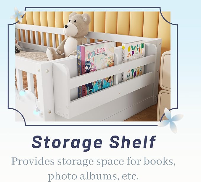 Twin Size Montessori Bed, Wood Twin Montessori Floor Bed with High Rails & Storage Shelf, Baby Floor Beds with LED Light for Boys & Girls, White