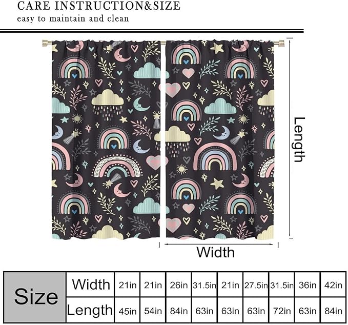 Boho Rainbow Curtains for Kids Nursery Colorful Floral Sun Star Clouds Pastel Bohemian Pattern Print Window Drapes for Girl Bedroom Living Room Kitchen Decor,2 Panel Set,63Wx63H Inch Blackout