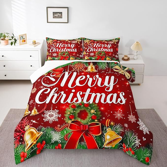 Christmas Wreath Bedding Set Full Size,Red Bowkont Gold Bell Comforter Set for Kids Boys Girls Room Decor,Snowflake Merry Christmas Duvet Insert 3Pcs,Green Leaves Xmas Theme Quilt Set,2 Pillowcases