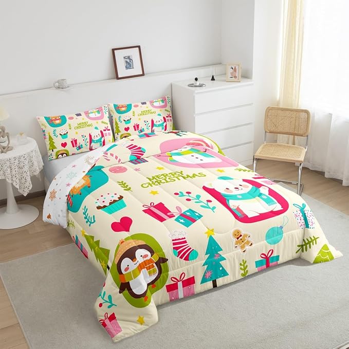 Erosebridal Merry Xmas Comforter Set Full Size Christmas Tree Quilt for Kids Boys Girls Cartoon Penguin Bear Bedding Set Cute Deer Elk Duvet Insert with 2 Pillow Cases