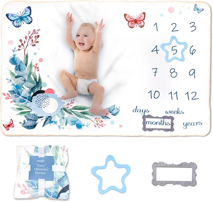 Baby Milestone Blanket| Original Design Baby Monthly Milestone Blanket Boy Girl| Newborn Baby Photography Props Blanket| 60'x40' Le Papillon et la Fleur