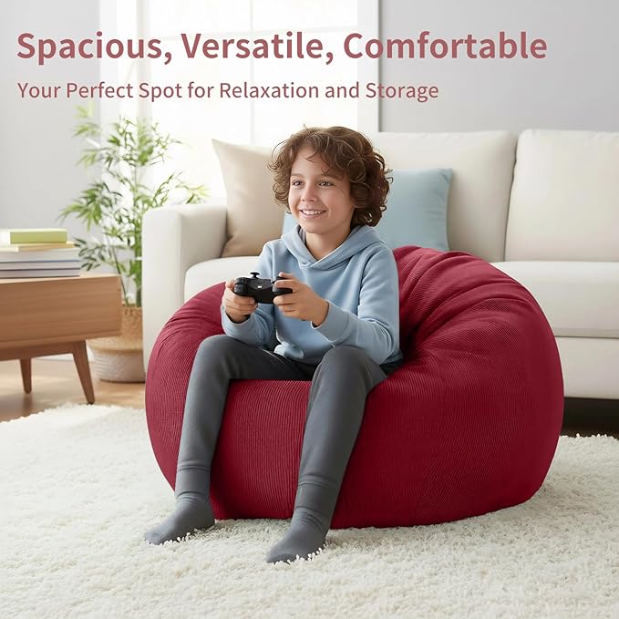 Nobildonna 3 ft Bean Bag Chair Cover (No Filler) 35"×43" Large Stuffed Animal Storage Bean Bag Washable Big Beanbag Chair Cover Premium Corduroy Bean Bag Cover for Adults,Kids,Wine Red 300L