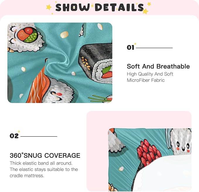 Crib Sheet, Unisex Crib Sheet, Soft and Comfortable for Standard Crib and Toddler Mattress, Cartoon Sushi Rolls
