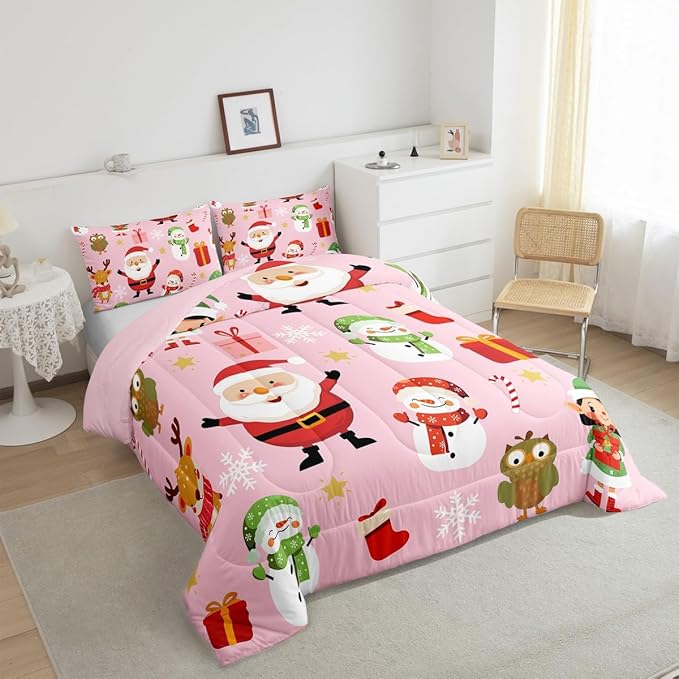 Erosebridal Merry Christmas Bedding Set for Kids Santa Claus Quilts Cute Cartoon Snowman Comforter Set Twin Size with 1 Pillow Case Xmas Snowflake Duvet Insert,Pink