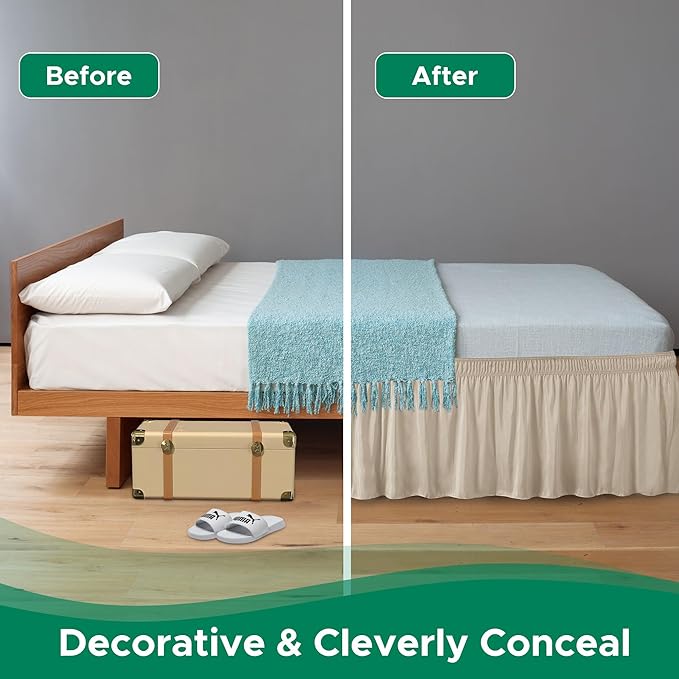 Biscaynebay Wrap Around Bed Skirts for Queen Beds 22" Long Drop, Light Camel Adjustable Elastic Dust Ruffles Easy Fit Wrinkle Resistant Silky Luxurious Fabric Machine Washable
