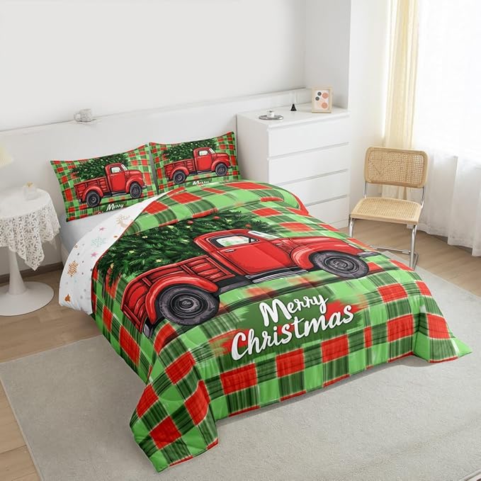Feelyou Merry Christmas Comforter Set All Season Christmas Tree Bedding Set with 2 Pillow Cases Snowflake Microfiber Kids King Bedclothes Winter Bedroom Decor Duvet Quilt Breathable Soft
