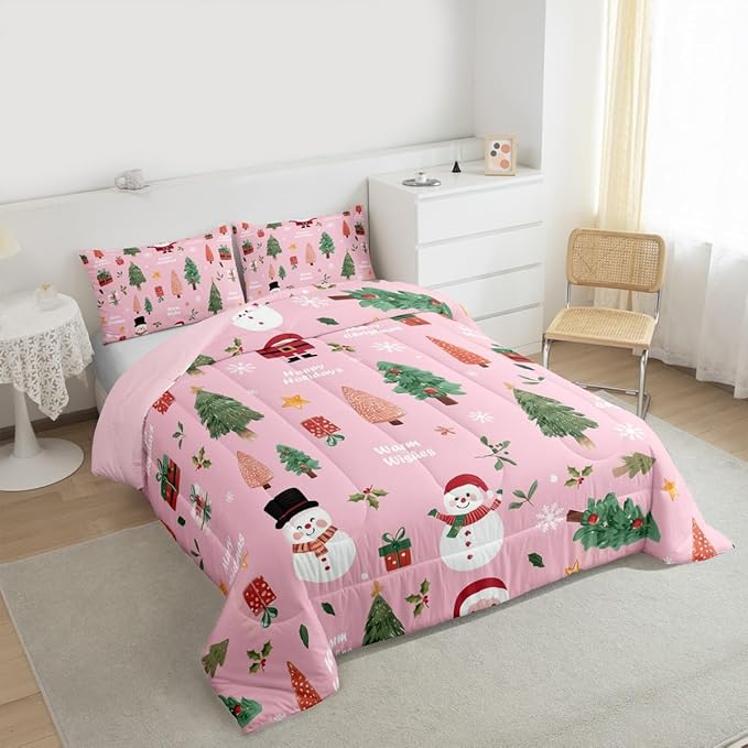 Feelyou Pink Christmas Comforter Set Queen Size Snowman Bedding Set for Kids Boys Girls Xmas Tree Duvet Quilt Bedroom Decor Microfiber 3 Pcs with 2 Pillow Cases