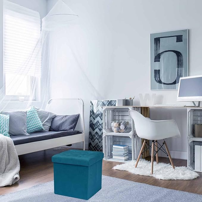 Sorbus Storage Ottoman Foot Rest Cube– Small Folding Ottoman Bedroom Bench Chest 15 Inch Box Coffee Table, Shoe Storage, Foot Stool, Pouf Storage Ottoman, Seat, Suede Velvet Fabric - Teal Blue