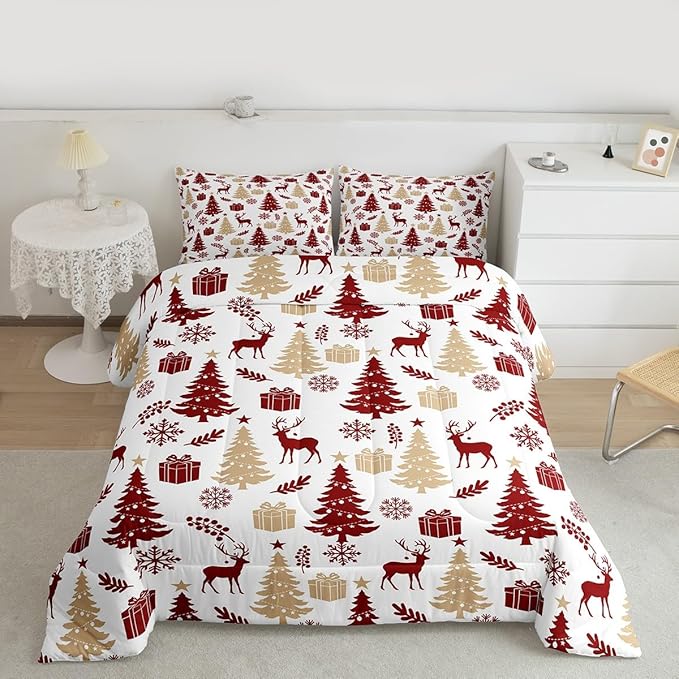 Feelyou Christmas Comforter Set All Season Xmas Tree Bedding Set with 2 Pillow Cases Reindeer Microfiber Kids King Bedclothes Snowflake Gift Bedroom Decor Duvet Quilt Breathable Soft Lightweight