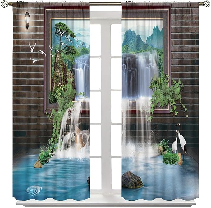 Waterfall Blackout Window Curtains, Tropical Rainforest Jungle Plants Forest Wild Nature Landscape Window Drapes, for Living Room Bedroom 63x72in 2 Panels