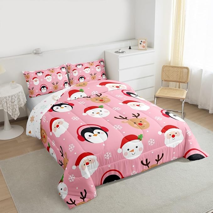Feelyou Pink Christmas Comforter Set King Size Santa Claus Bedding Set for Kids Boys Girls Deer Penguin Duvet Quilt Snowman Bedroom Decor Microfiber 3 Pcs with 2 Pillow Cases