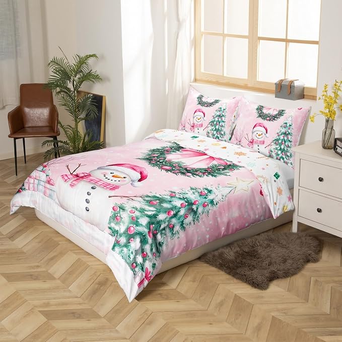 Manfei Christmas Kids Duvet Cover Set King Size, Cute Snowman Xmas Tree Bedding Set for Boys Girls Adults, Pink Bowknot Xmas Comforter Cover, Soft Polyester Quilt Cover, 2 Pillowcases, No Comforter