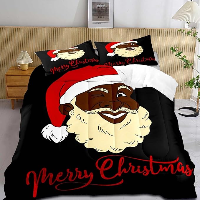 LUVIVIHOME 3PCS Christmas Comforter Set Queen Size, Funny African American Black Santa Claus Bedding, Winter Xmas Merry Christmas Bedroom Decor for Kids Boys Girls Teens, Xmas Gifts, 2 Pillow Shams
